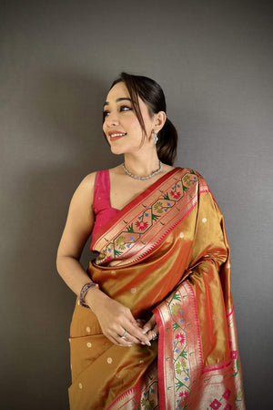 Peach Paithani Floral Woven Silk Saree (ND201)