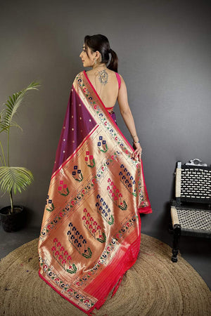 Wine Paithani Floral Woven Silk Saree (ND203)