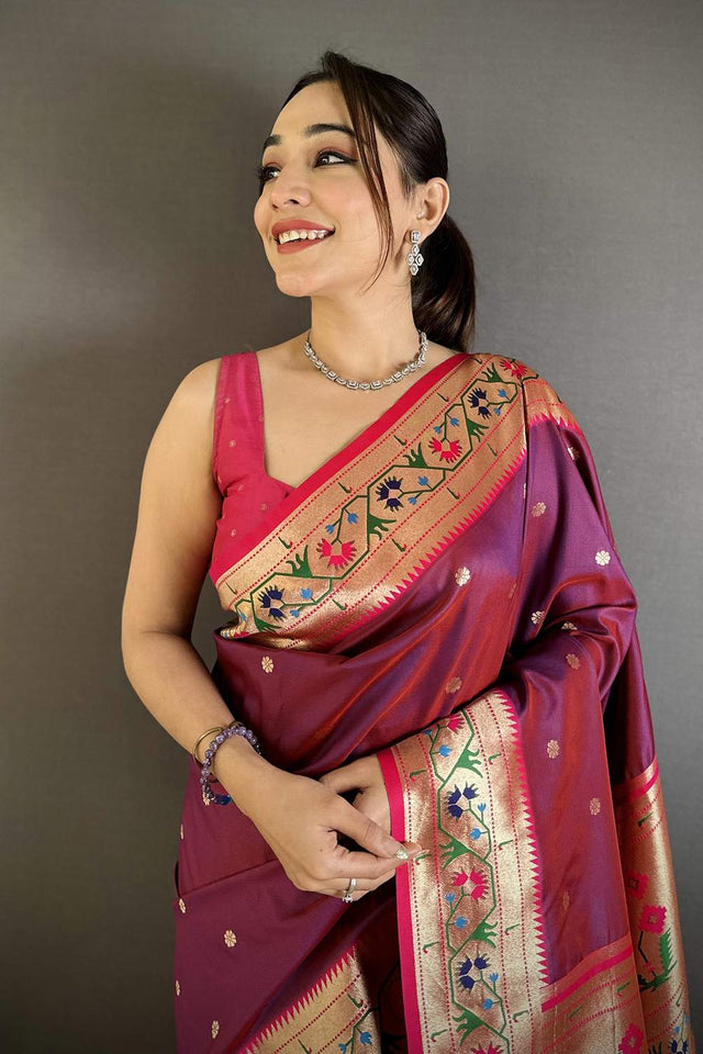 Wine Paithani Floral Woven Silk Saree (ND203)