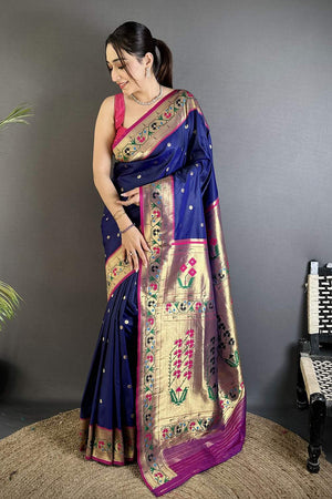 Royal Blue Paithani Floral Woven Silk Saree (ND204)