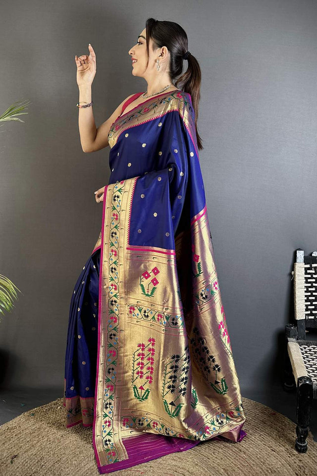 Royal Blue Paithani Floral Woven Silk Saree (ND204)