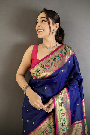 Royal Blue Paithani Floral Woven Silk Saree (ND204)
