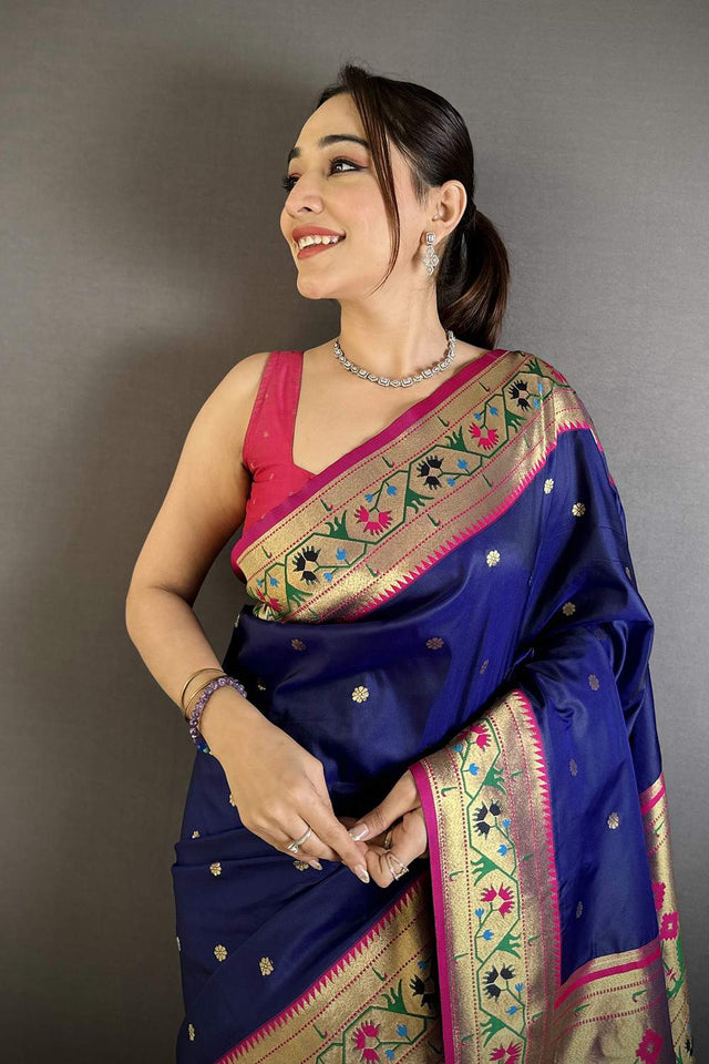 Royal Blue Paithani Floral Woven Silk Saree (ND204)