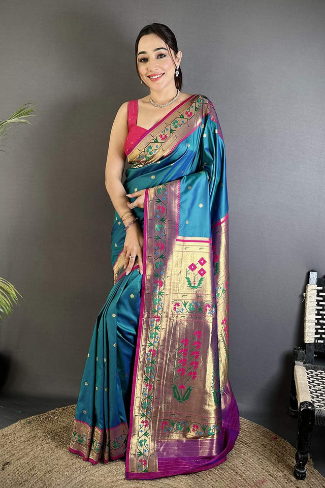 Turquoise Paithani Floral Woven Silk Saree (ND205)