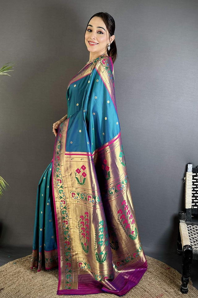 Turquoise Paithani Floral Woven Silk Saree (ND205)