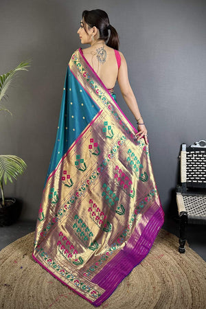 Turquoise Paithani Floral Woven Silk Saree (ND205)