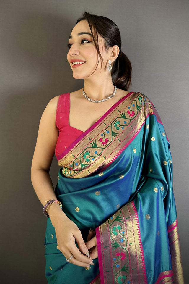Turquoise Paithani Floral Woven Silk Saree (ND205)