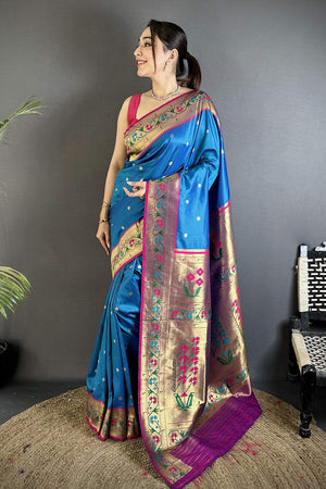 Blue Paithani Floral Woven Silk Saree (ND206)