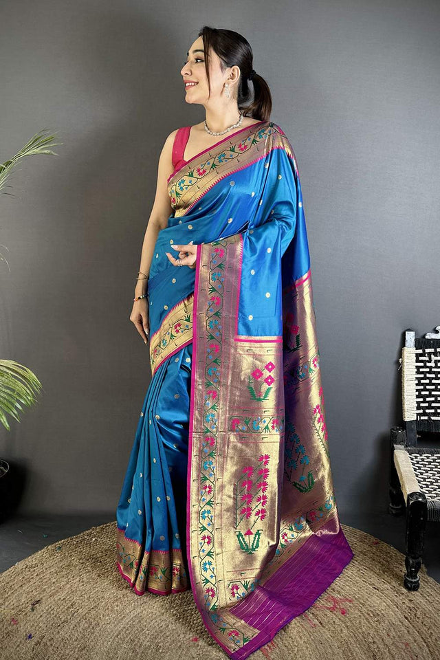 Blue Paithani Floral Woven Silk Saree (ND206)