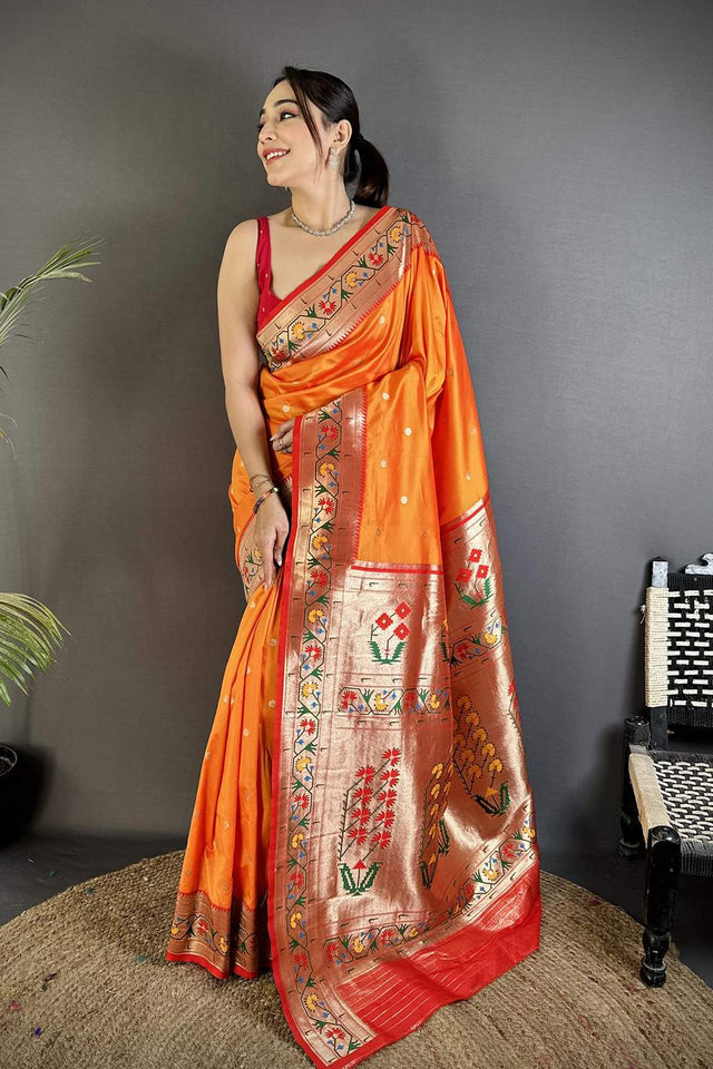 Orange Paithani Floral Woven Silk Saree (ND208)