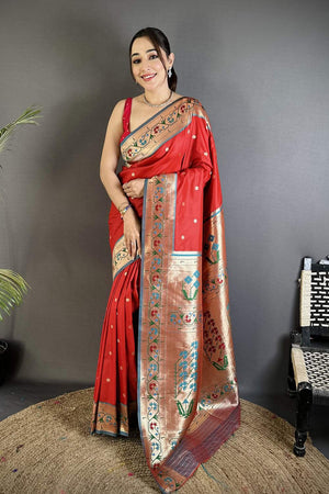 Red Paithani Floral Woven Silk Saree (ND209)