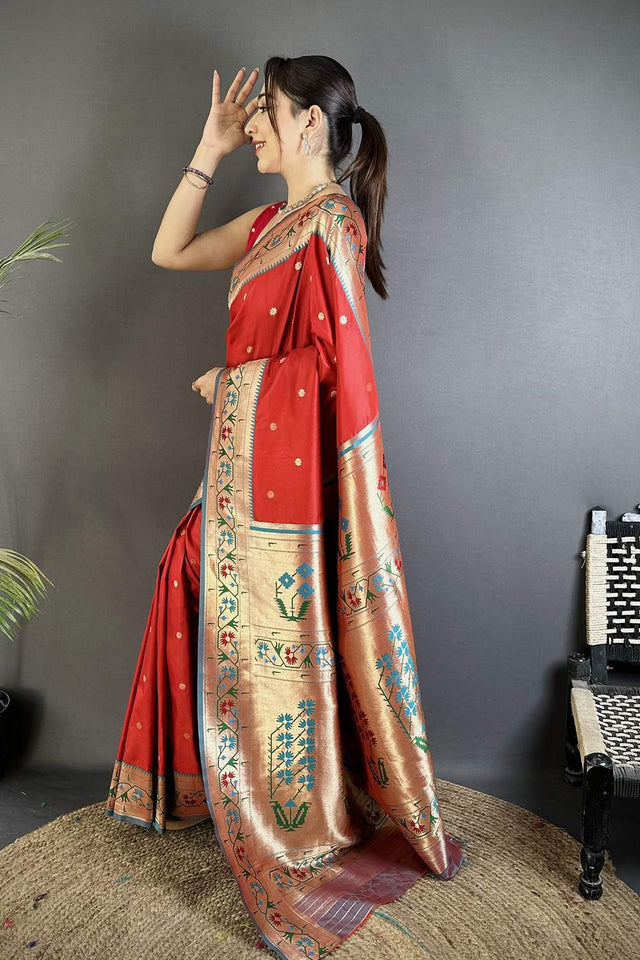 Red Paithani Floral Woven Silk Saree (ND209)