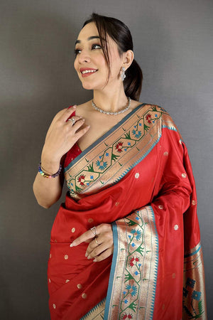 Red Paithani Floral Woven Silk Saree (ND209)