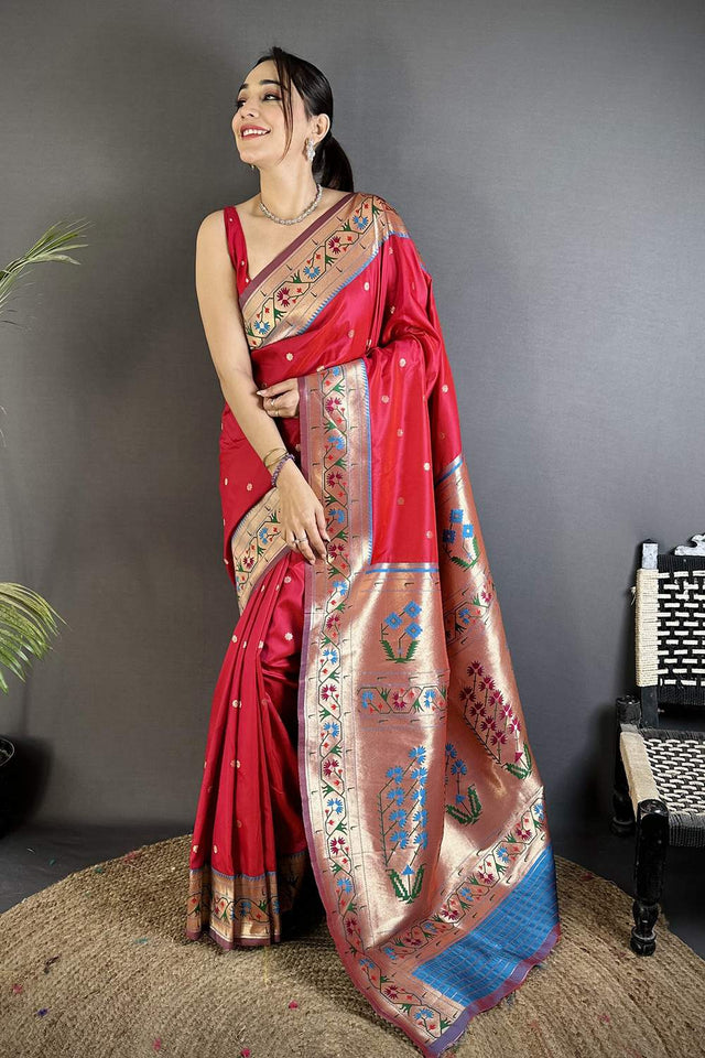 Red Paithani Floral Woven Silk Saree (ND210)