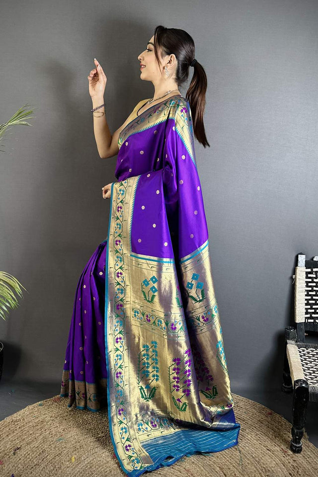 Purple Paithani Floral Woven Silk Saree (ND212)