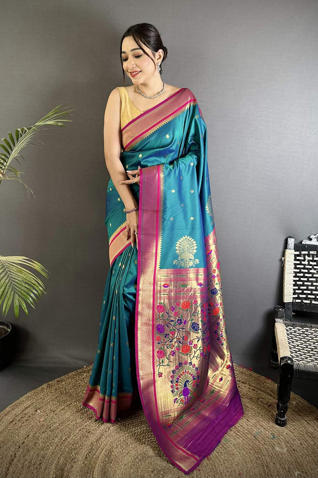 Turquoise Paithani Woven Silk Saree (ND307)
