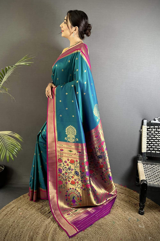 Turquoise Paithani Woven Silk Saree (ND307)
