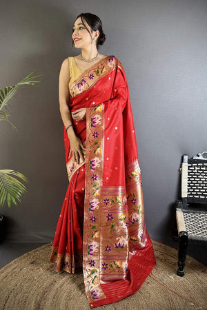 Red Paithani Floral Woven Silk Saree (ND401)