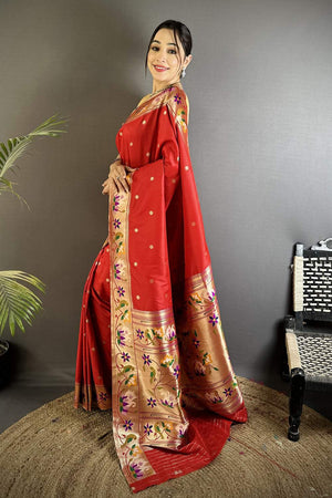 Red Paithani Floral Woven Silk Saree (ND401)