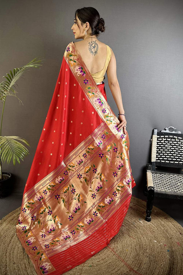Red Paithani Floral Woven Silk Saree (ND401)
