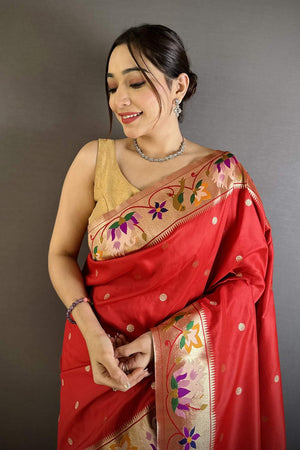 Red Paithani Floral Woven Silk Saree (ND401)