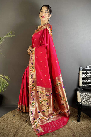 Dark Pink Paithani Floral Woven Silk Saree (ND404)