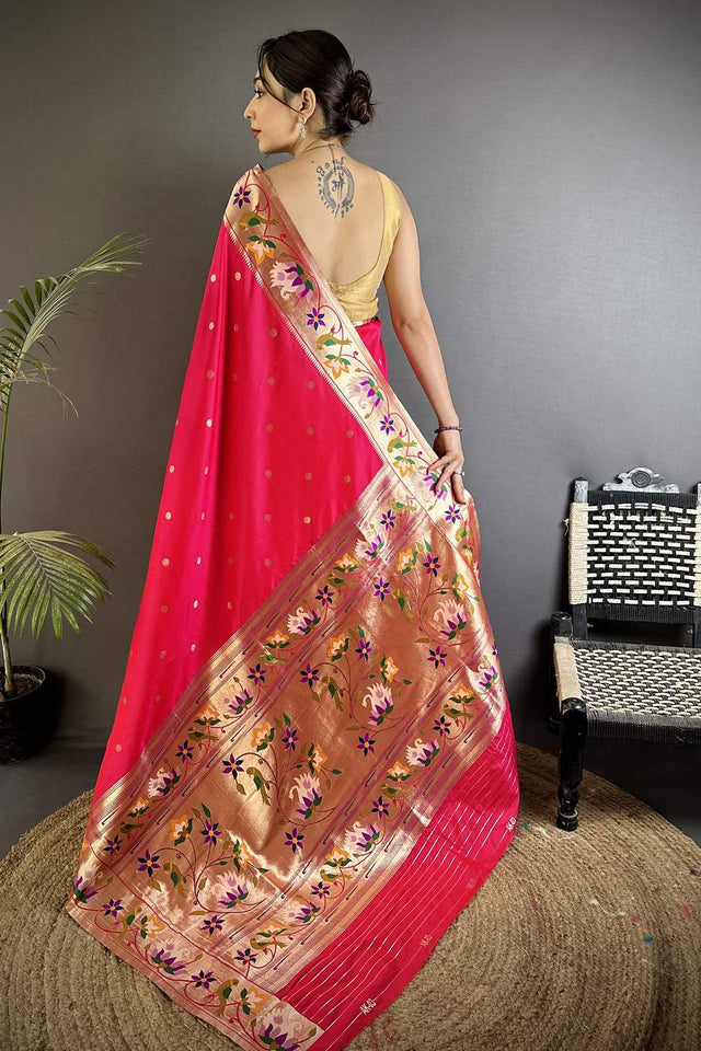 Dark Pink Paithani Floral Woven Silk Saree (ND404)