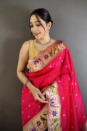 Dark Pink Paithani Floral Woven Silk Saree (ND404)