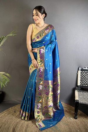 Turquoise Paithani Floral Woven Silk Saree (ND408)