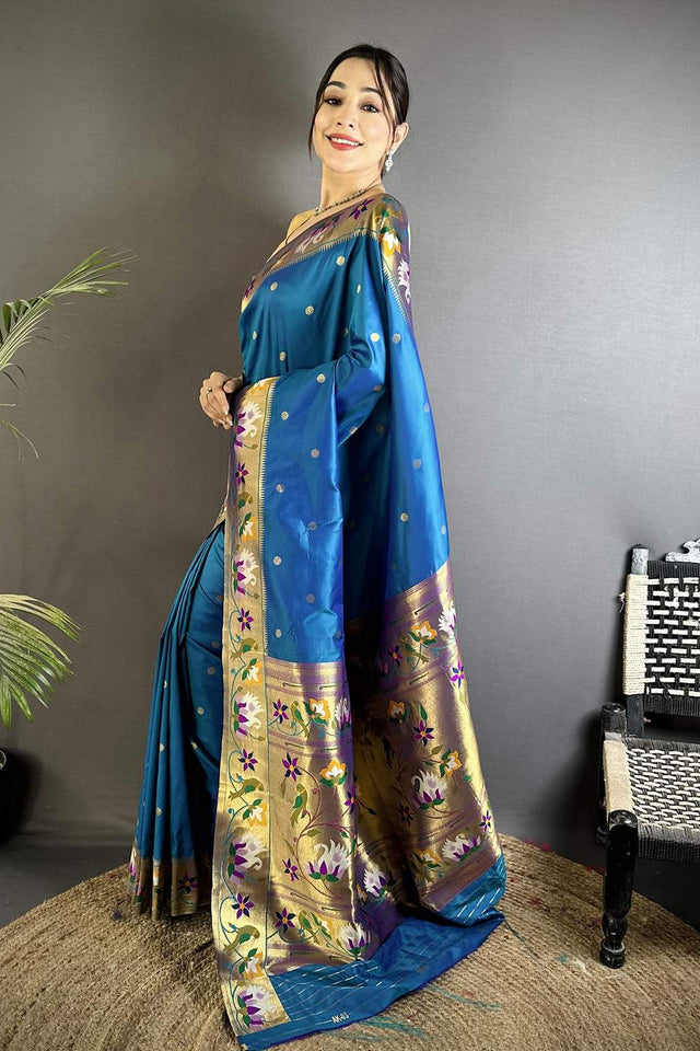 Turquoise Paithani Floral Woven Silk Saree (ND408)