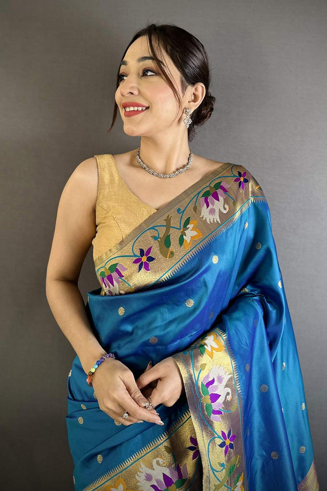 Turquoise Paithani Floral Woven Silk Saree (ND408)