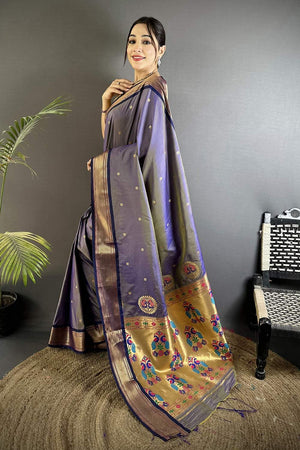 Lavender Paithani Peacock Woven Silk Saree (ND501)
