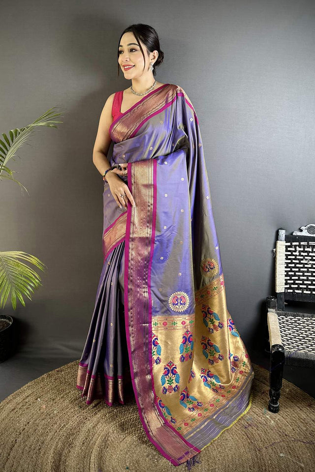 Purple Paithani Peacock Woven Silk Saree (ND503)