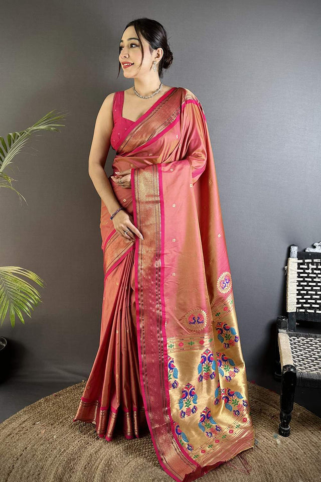 Peach Paithani Peacock Woven Silk Saree (ND504)