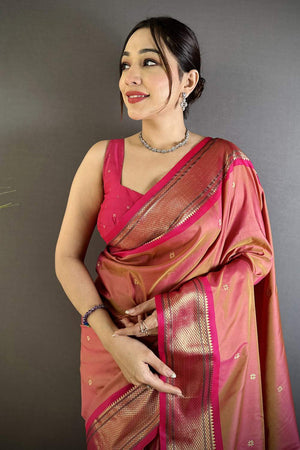 Peach Paithani Peacock Woven Silk Saree (ND504)