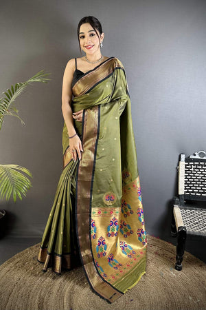 Mehendi Paithani Peacock Woven Silk Saree (ND505)