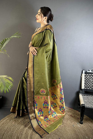 Mehendi Paithani Peacock Woven Silk Saree (ND505)
