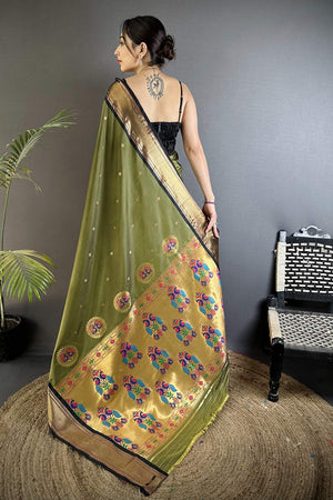 Mehendi Paithani Peacock Woven Silk Saree (ND505)