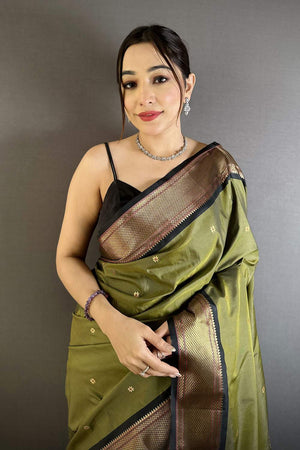 Mehendi Paithani Peacock Woven Silk Saree (ND505)
