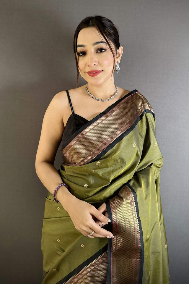 Mehendi Paithani Peacock Woven Silk Saree (ND505)