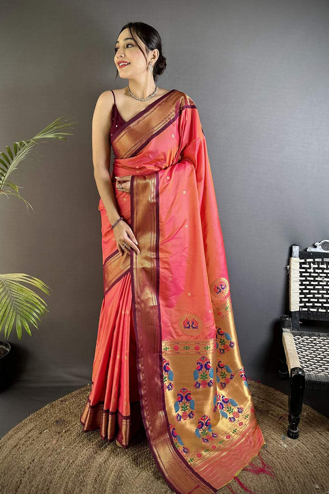 Orange Paithani Peacock Woven Silk Saree (ND506)