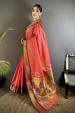 Orange Paithani Peacock Woven Silk Saree (ND506)