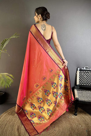 Orange Paithani Peacock Woven Silk Saree (ND506)