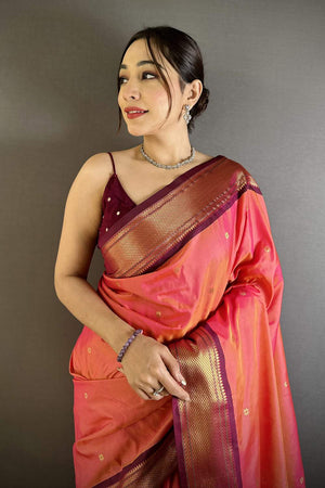Orange Paithani Peacock Woven Silk Saree (ND506)