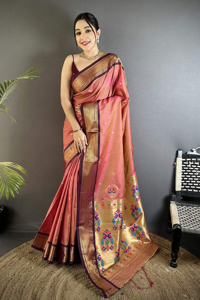 Pink Paithani Peacock Woven Silk Saree (ND507)
