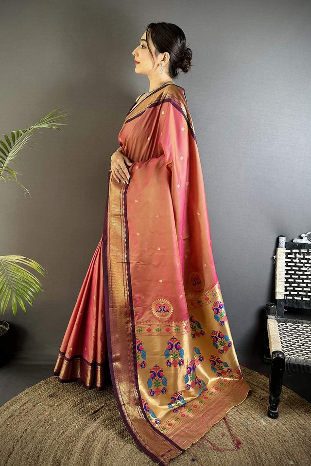 Pink Paithani Peacock Woven Silk Saree (ND507)