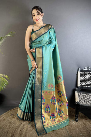 Sea Green Paithani Peacock Woven Silk Saree (ND508)