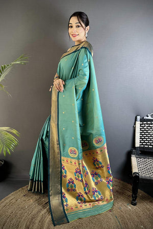 Sea Green Paithani Peacock Woven Silk Saree (ND508)