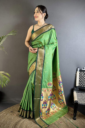 Green Paithani Peacock Woven Silk Saree (ND509)