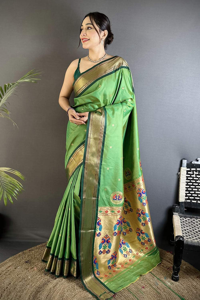 Green Paithani Peacock Woven Silk Saree (ND509)